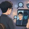 スマホ画面で実像と偽像を見比べる日本人男性アーティストの後ろ姿と、虫眼鏡・盾・鍵アイコンで安全確認を示すアニメ風