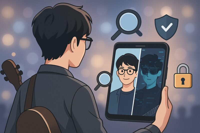 スマホ画面で実像と偽像を見比べる日本人男性アーティストの後ろ姿と、虫眼鏡・盾・鍵アイコンで安全確認を示すアニメ風