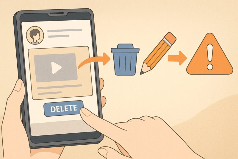 SNSで誤って偽動画を共有した後の削除・訂正・通報手順を示すアニメ風図。スマホ画面とごみ箱・鉛筆・警告アイコン