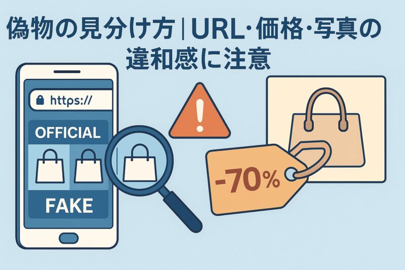 アニメ風。スマホのURL欄、−70％の値札、虫眼鏡で画像を確認する構図で、偽サイトのURL・価格・写真の違和感を示す16:9の図