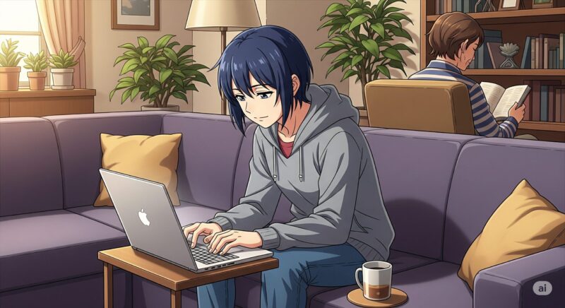 リビングのソファでノートパソコンを操作する人物。背景には別の家族がおり、プライバシーが必要な状況を表している。