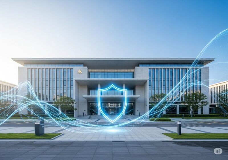 生成AIを導入した近未来の市役所をイメージした画像。明るい光に包まれたモダンでクリーンな庁舎が、青い光のシールドで守られており、行政の安全性と透明性を象徴しています。