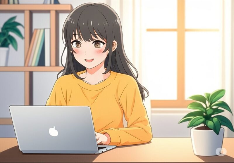 女性がPCとスマホの設定画面を見ている。背景は明るいリビング。
