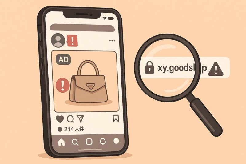 アニメ風。スマホのSNS広告画面と虫眼鏡でURLプレビューを確認し、警告アイコンで不審な広告リンクを示す16:9のイメージ