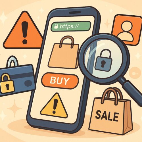 アニメ風のスマホと買い物袋、警告アイコン、鍵と虫眼鏡でURL確認を表現した4:3の偽サイト注意アイキャッチ