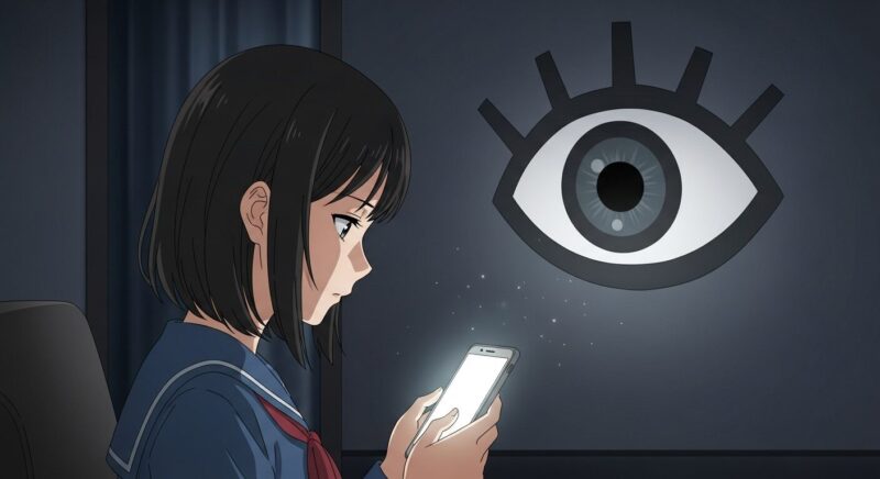 スマートフォンを操作する女性を、背後から大きな目が監視しているアニメ風イラスト。AIチャットの会話が運営に見られているかもしれない、というプライバシーへの不安や危険性を象徴しています。