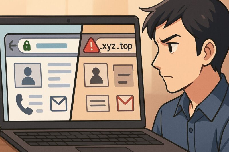 アニメ風。ノートPCの左右で公式サイトと偽サイトを対比し、左は鍵や連絡先の整備、右は警告や不審ドメインを示す16:9の比較図