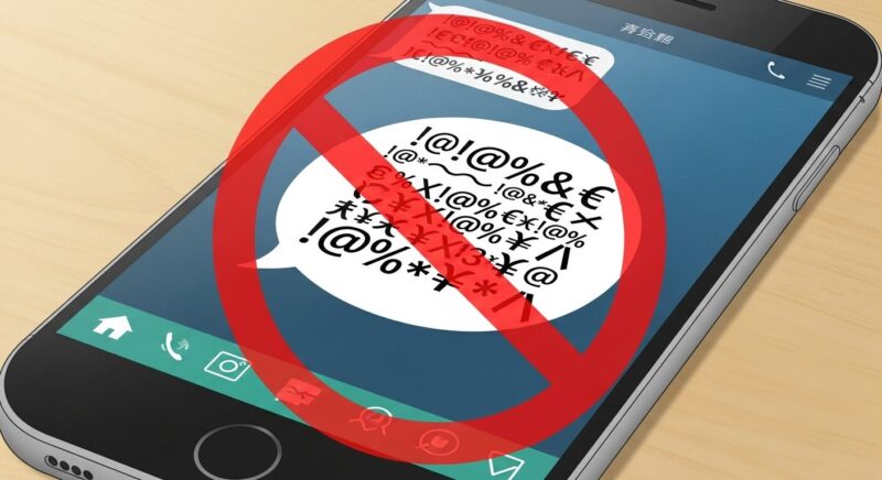 暴言や勧誘行為が書かれたスマホ画面に、大きな禁止マークが描かれたアニメ風イラスト。利用規約で定められている誹謗中傷や営利目的の利用などの、禁止行為を明確に示しています。