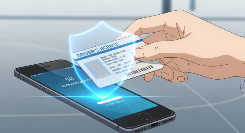 スマートフォンに提示されたIDカードを、輝く盾が守っているアニメ風イラスト。マスキングなどの対策によって、安全に本人確認を行い、身バレを防ぐことの重要性を表現しています。