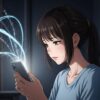スマートフォンを不安そうな表情で見つめる女性のアニメ風イラスト。 スマホからは情報が漏洩しているかのような光が放たれており、AIチャットアプリに潜む危険性や、個人情報漏洩のリスクを象徴しています。