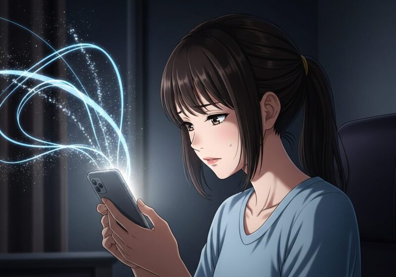 スマートフォンを不安そうな表情で見つめる女性のアニメ風イラスト。 スマホからは情報が漏洩しているかのような光が放たれており、AIチャットアプリに潜む危険性や、個人情報漏洩のリスクを象徴しています。