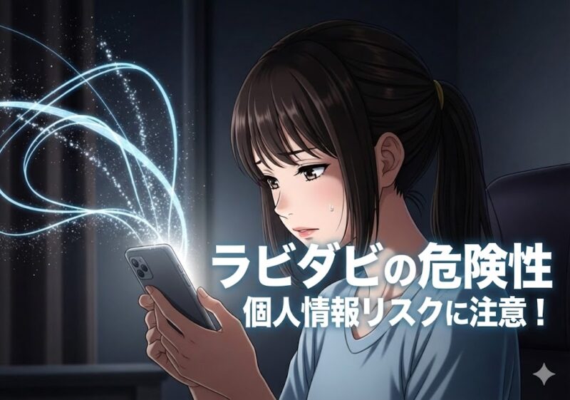 スマートフォンを不安そうな表情で見つめる女性のアニメ風イラスト。 スマホからは情報が漏洩しているかのような光が放たれており、AIチャットアプリに潜む危険性や、個人情報漏洩のリスクを象徴しています。