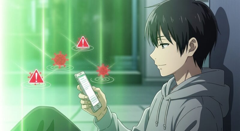 保護バリアの中で、男性が安心してスマホを操作しているアニメ風イラスト。危険性を正しく理解し、パスワード管理などの対策をすることで、安全にアプリを使いこなせることを表現しています。