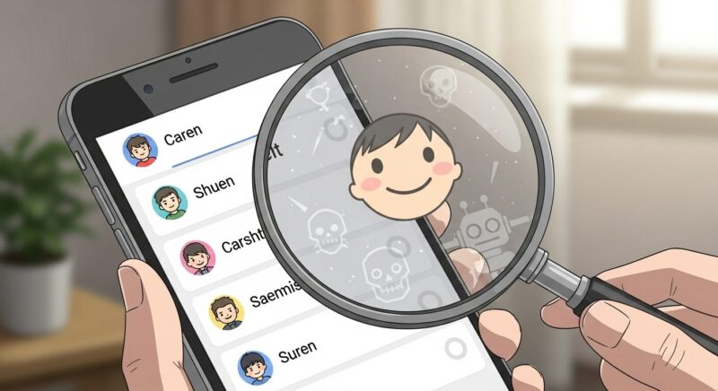 虫眼鏡でスマホのプロフィールを覗くと、優しい顔の下にドクロマークが透けて見えるアニメ風イラスト。巧妙な業者やなりすましアカウントを、正しく見分ける方法をイメージさせます。