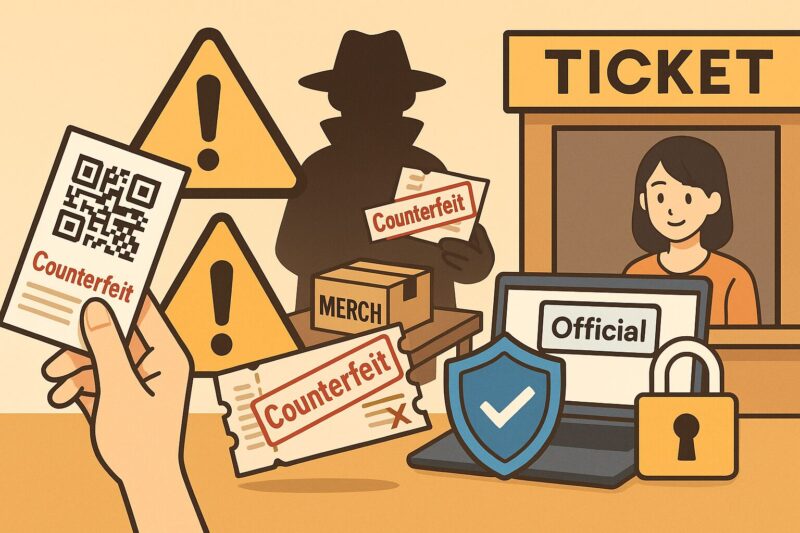 正規チケット窓口と怪しい露店を対比するアニメ風図。偽チケットと偽グッズに警告、公式購入は盾と鍵アイコンで安全性を表現
