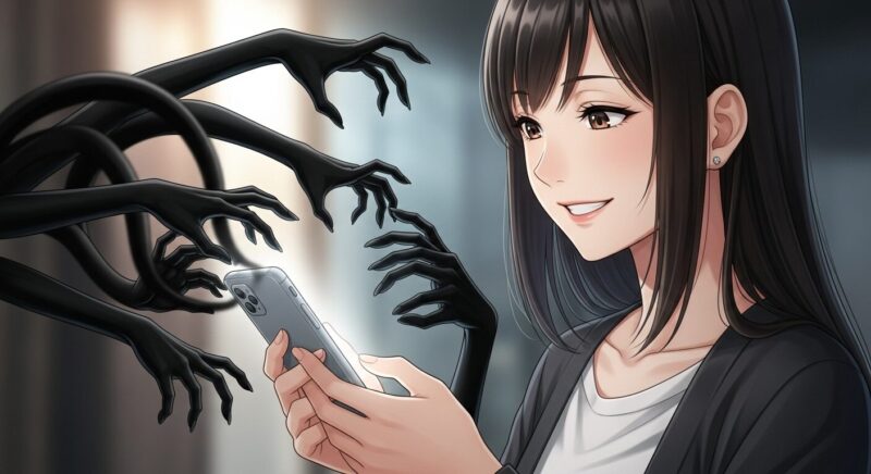 楽しそうにスマホを操作する女性に、画面から黒い影の手が伸びてくるアニメ風イラスト。メモリ機能など、便利な機能に潜む情報漏洩の罠や、プライバシー侵害の危険性を象徴しています。