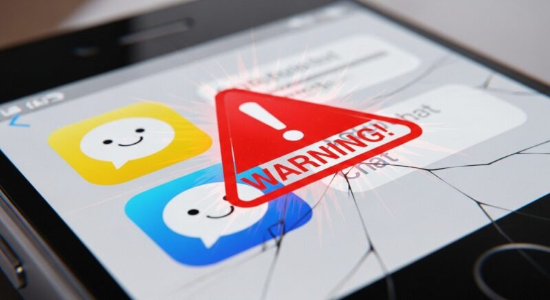 スマートフォンのチャットアプリアイコンの上に、赤い警告マークが表示されているアニメ風イラスト。AIチャットを通じて、投資詐欺などの事件やトラブルに巻き込まれる危険性を示唆しています。