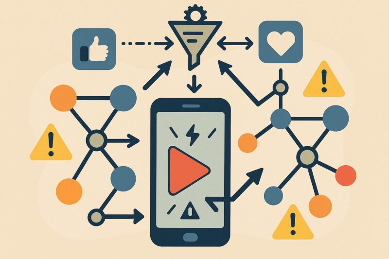SNSで偽動画が拡散する仕組みを示すアニメ風図解。スマホ中心に矢印とネットワークノード、警告アイコンで拡散背景を表現