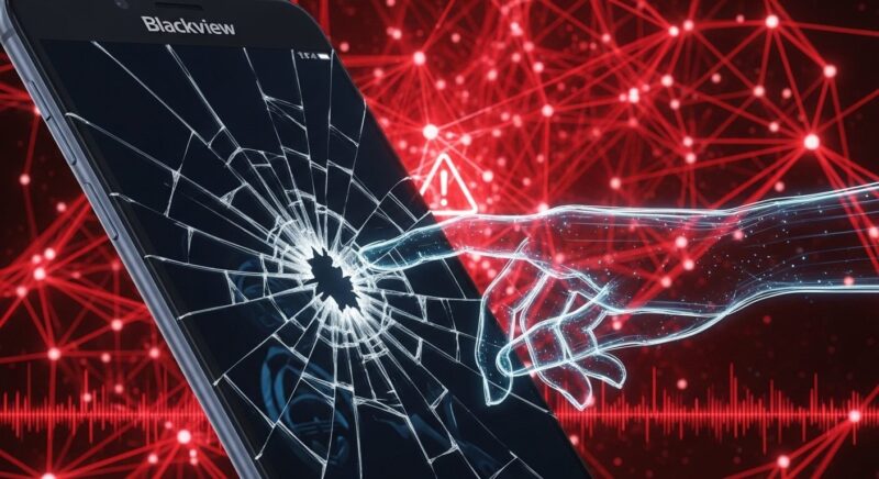 Blackviewスマホのひび割れた画面に侵入しようとする透明なデジタルハンド。背後には危険を警告する赤いネットワークが広がる、セキュリティリスクを暗示する画像。
