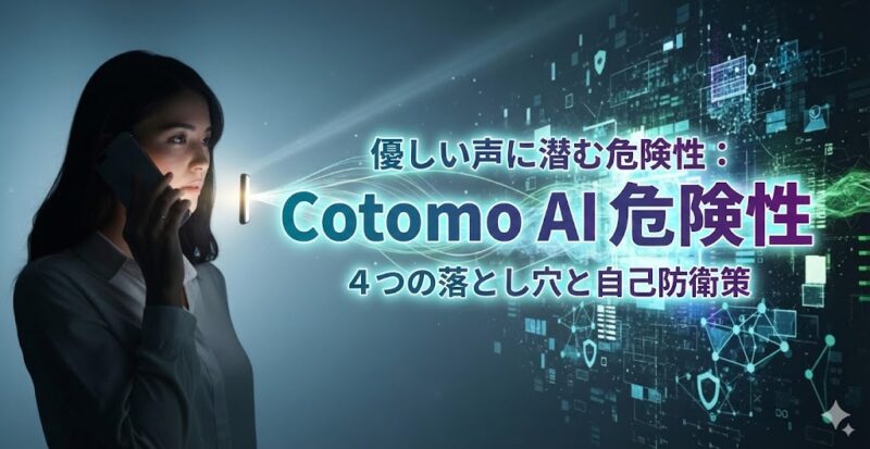 女性がスマートフォンに向かって話しかけ、そのスマホから伸びる光の線が、背後に広がるデジタル空間や情報セキュリティのイメージと繋がっている様子。不安と安心感が入り混じるような、ミステリアスかつ知的な雰囲気。