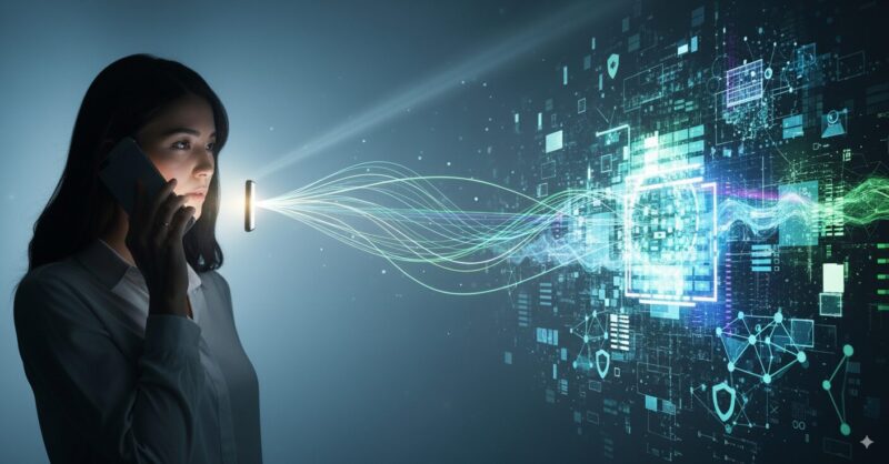 女性がスマートフォンに向かって話しかけ、そのスマホから伸びる光の線が、背後に広がるデジタル空間や情報セキュリティのイメージと繋がっている様子。不安と安心感が入り混じるような、ミステリアスかつ知的な雰囲気。