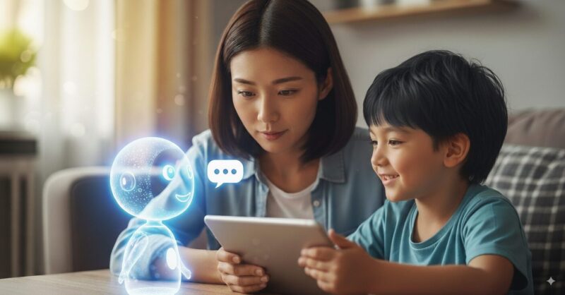 心配そうな表情の母親が、スマホでAIアバターと楽しそうに話す子供をそっと見守っている。子供は笑顔だが、母親は少し不安げ。家庭に溶け込むテクノロジーと、それに対する親の複雑な心境を表現したイラスト。