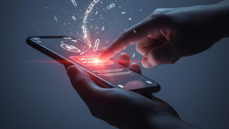 スマートフォンの「アカウント削除」ボタンを毅然とタップする手。画面からは切れた鎖やデータが解放されるように浮かび上がり、デジタルな関係の断絶と個人情報の解放を象徴している。利用者が管理権を取り戻す力強いイメージ。