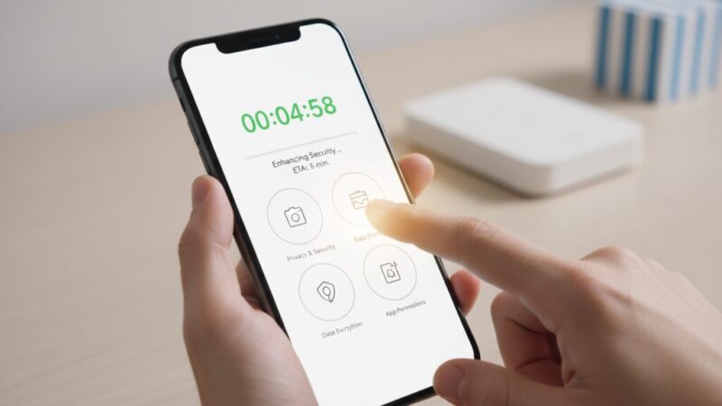 スマートフォンを手に持ち、設定画面を操作している様子。画面には5分のタイマーが表示され、明るい光が放たれている。簡単かつ迅速にプライバシー設定ができる手軽さと安心感を表現したイラスト。