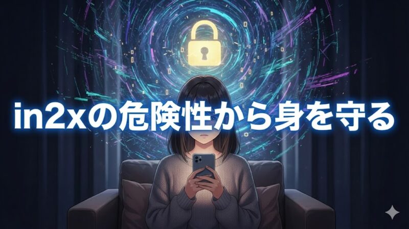 心配そうな表情を浮かべた日本の若い女性がスマホを見つめているアニメ風のイラスト。彼女の後ろでは、光る鍵のアイコンが渦巻くデジタル データ ストリームに囲まれており、データのプライバシーとセキュリティ上の懸念を表しています。