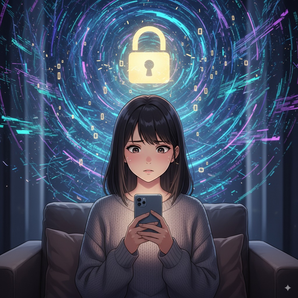 心配そうな表情を浮かべた日本の若い女性がスマホを見つめているアニメ風のイラスト。彼女の後ろでは、光る鍵のアイコンが渦巻くデジタル データ ストリームに囲まれており、データのプライバシーとセキュリティ上の懸念を表しています。