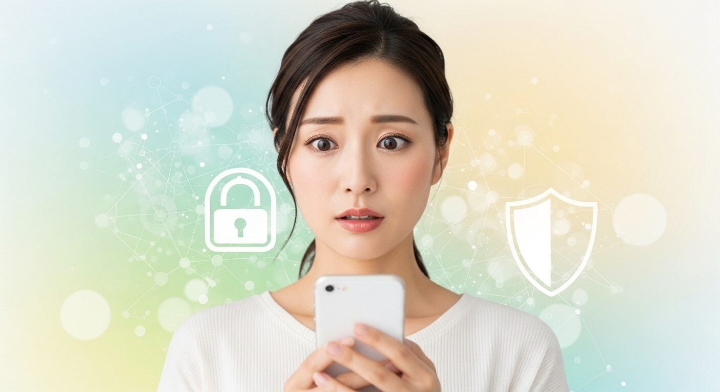 スマートフォンを見る女性と、背景にデジタルセキュリティを象徴する要素が描かれた、安心感のあるイラスト。