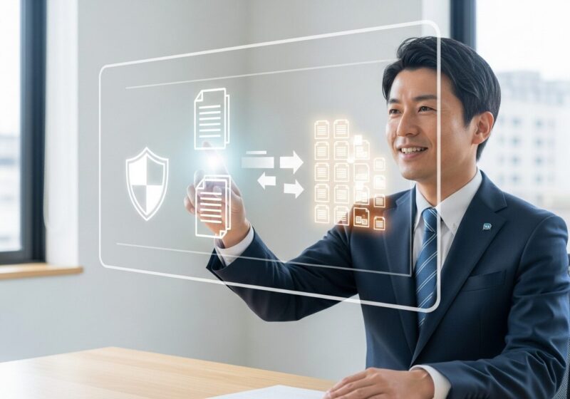 モダンなオフィスで働く自治体職員が、ホログラム画面を操作。紙の書類が整理された安全なデジタルデータに変換され、業務効率化と強固なセキュリティを象徴。穏やかで効率的、未来志向の雰囲気。