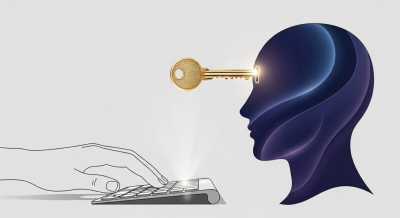 人間の手がキーボードから輝く「鍵」を生み出し、それがAIの頭にある「鍵穴」にぴったりと収まる様子のイラスト。的確な指示(プロンプト)がAIの能力を解放する様を表現。