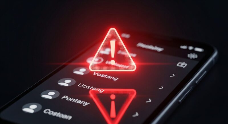 電話帳ナビアプリの危険性を象徴するイラスト。スマートフォンの連絡先リストの上に表示された警告マークが、個人情報漏洩のリスクとセキュリティ設定の重要性を示唆しています。