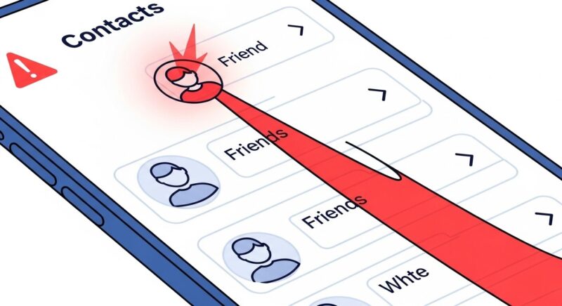 スマホの連絡先から友人アイコンへ赤い警告線が伸びているイラスト。アプリの連絡先アクセス許可が、友人の個人情報まで危険に晒す可能性を表現しています。