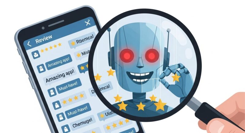 スマホに表示されたアプリの高評価レビューを虫眼鏡で覗くと、裏にロボットの顔が見えるイラスト。やらせや偽の口コミに注意が必要であることを示唆しています。