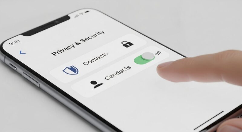スマートフォンの設定画面で、連絡先アクセスの許可スイッチをオフに切り替えようとしている指のイラスト。情報漏洩を防ぐための初期設定の重要性を表しています。
