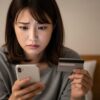 不安な表情でスマホを見つめ、クレジットカードを手にネットショッピングをためらう若い女性