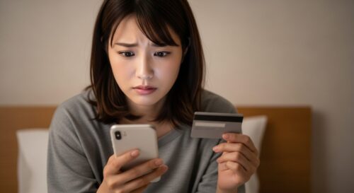 不安な表情でスマホを見つめ、クレジットカードを手にネットショッピングをためらう若い女性