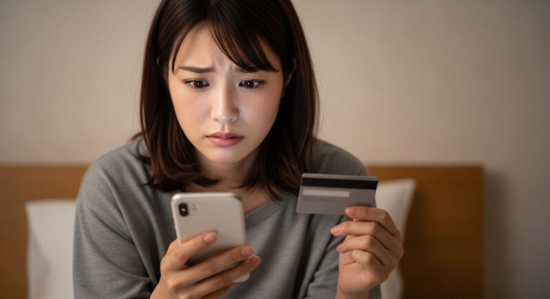 不安な表情でスマホを見つめ、クレジットカードを手にネットショッピングをためらう若い女性