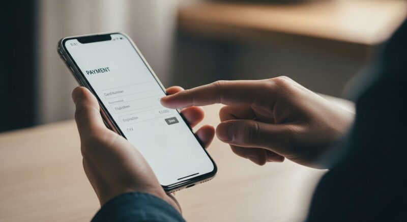 スマートフォンにクレジットカード情報を入力するのをためらっている様子。