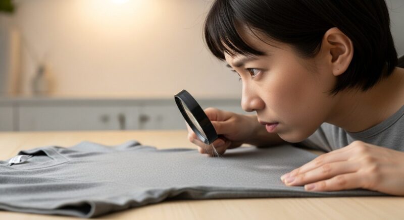 届いたばかりの衣類を、虫眼鏡を使って心配そうに詳しく調べている様子。