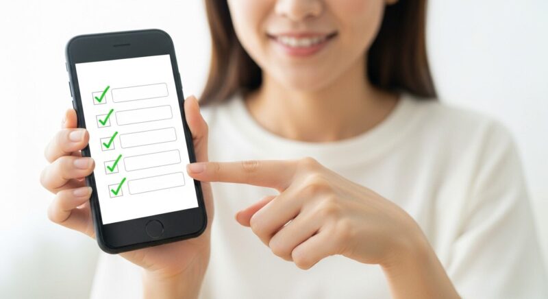スマートフォンに表示された安全チェックリストを確認し、安心して購入しようとしている様子。