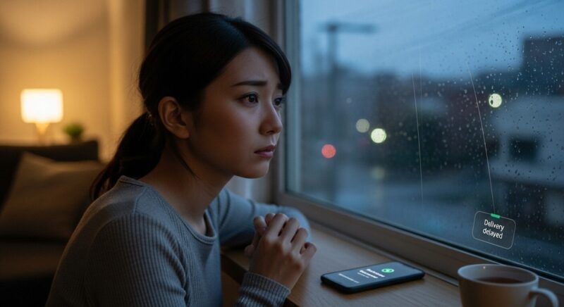 荷物が届かず、窓の外を不安そうに眺めている若い女性。