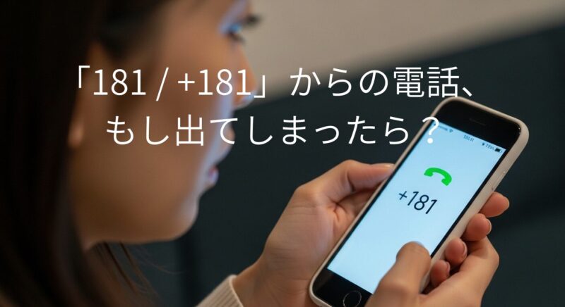 不安な表情の女性が、スマートフォンに表示された「181」と「+181」の不審な着信番号を見つめている画像。