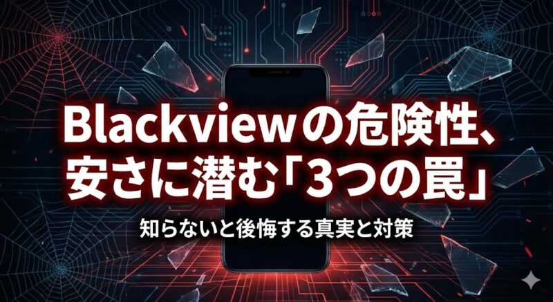 Blackviewスマホのひび割れた画面に侵入しようとする透明なデジタルハンド。背後には危険を警告する赤いネットワークが広がる、セキュリティリスクを暗示する画像。