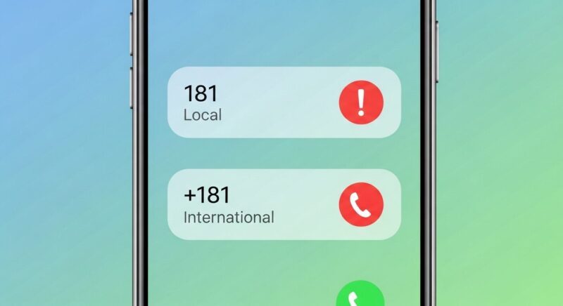 スマートフォン画面に表示された「181」と「+181」の不審な着信番号。赤い警告マークが危険性を示唆している。