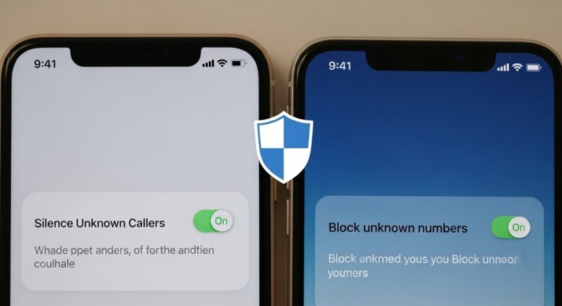iPhoneとAndroidのスマートフォン画面。迷惑電話対策のブロック設定が強調され、セキュリティシールドのアイコンが添えられている。