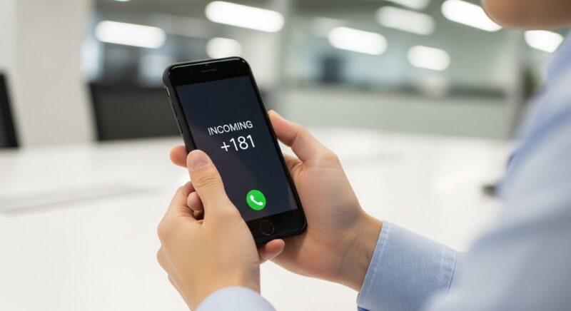 オフィスで不審な電話を受けて困惑しているビジネスパーソン。会社の電話対応の難しさを示唆。