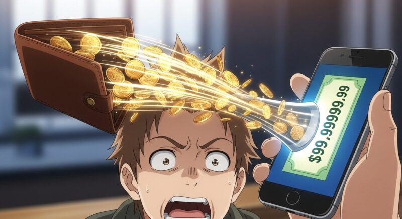 アプリの巧妙な課金手口の危険性を伝えるアニメ風イラスト。 財布からスマートフォンにコインが吸い込まれ続け、画面に表示された高額請求にユーザーが驚愕しており、意図しない課金の恐ろしさを象徴しています。